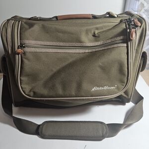 Eddie Bauer Weekender Canvas Olive Green Leather Trim Travel Bag.